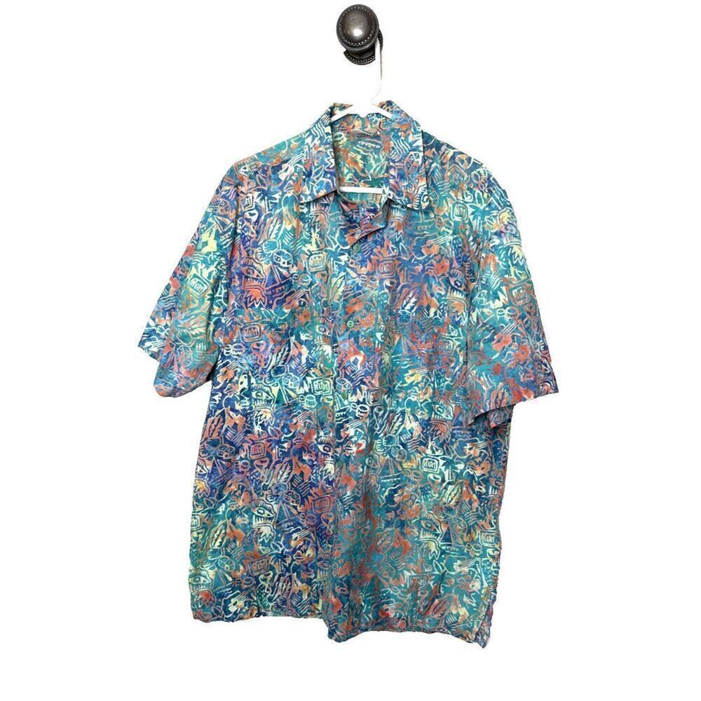 Rum Reggae Mens L Hawaiian Blue Green Button-Up Tropical Shirt Tahiti Grafitti